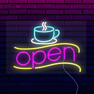 Неоновая вывеска для кофейни "Открыто" + знак