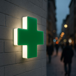 Световой короб из ПВХ с торцевой подсветкой из акрила “Аптечный крест” Световой короб из ПВХ с торцевой подсветкой из акрила “Аптечный крест”