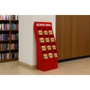 Промостойка выставочная с полками под книги и журналы с отделением под логотип