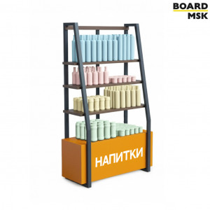 Промостойка вертикальная из дерева с 4 полками и отделением под логотип