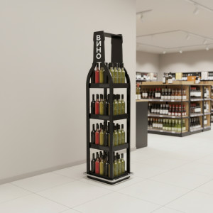 Промостойка рекламная для товаров из дерева с 4-мя полками с отделением под логотип "Вино" №2