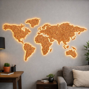 Фигурная пробковая доска "Карта Мира" с подсветкой 