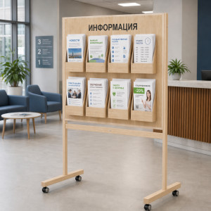 Мобильный информационный стенд напольный Board-msk деревянный на колесиках, 7 объемных карманов