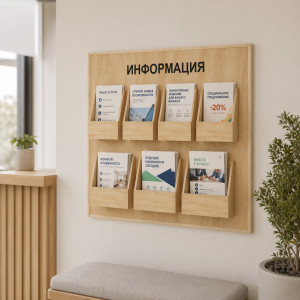 Информационный стенд настенный Board-msk деревянный на колесиках, 7 объемных карманов